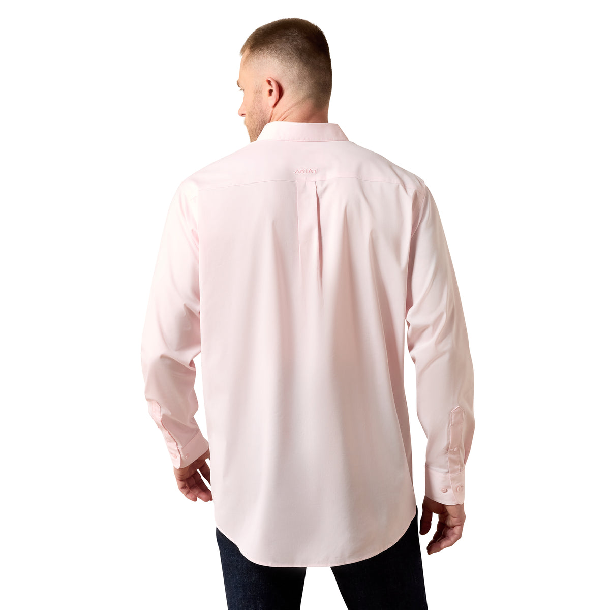Ariat men's classic fit shirt in icy pink, featuring a button-up front and collar, displayed flat on a white background.