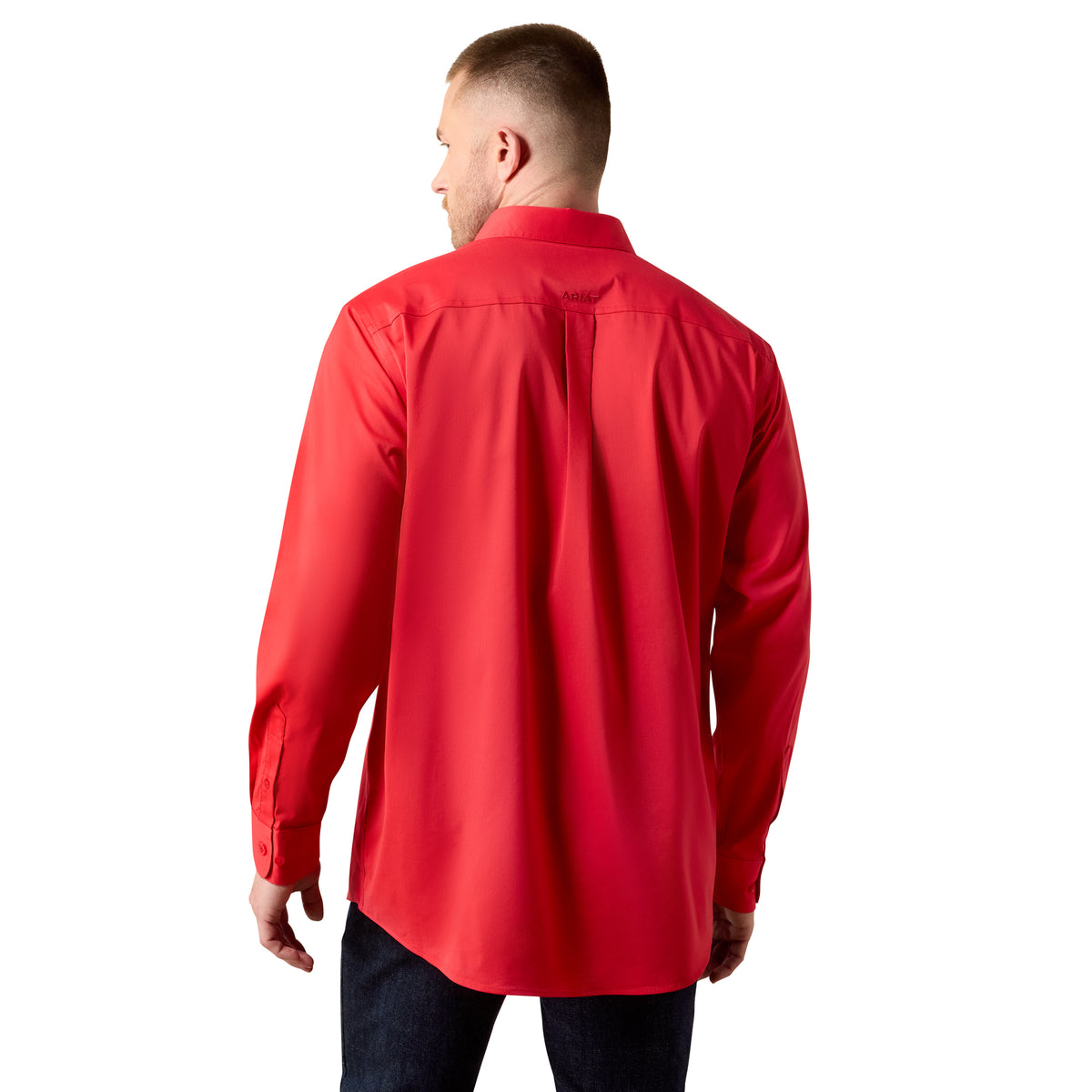 Ariat men's classic fit shirt in scarlet red, showing front view with collar and button details.
