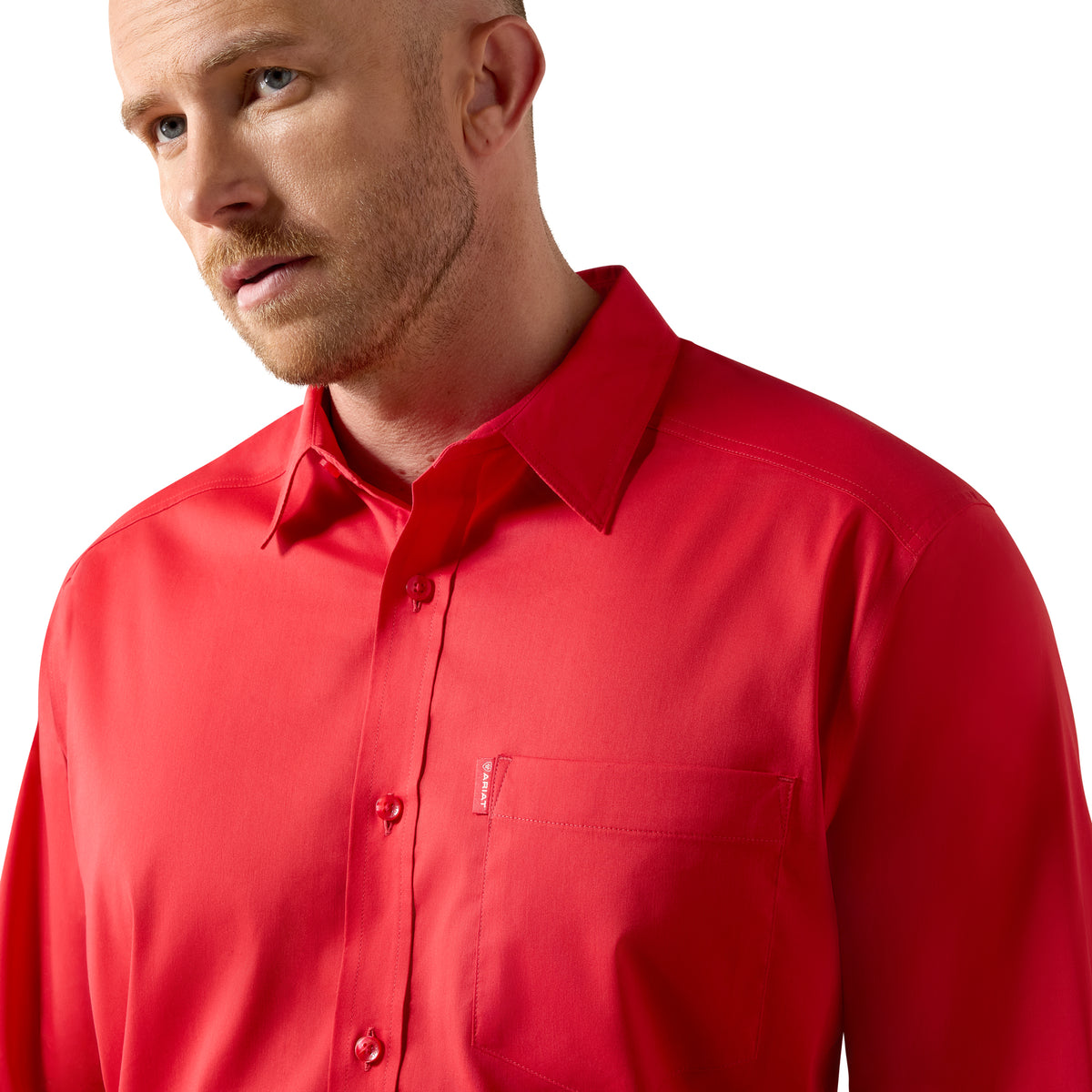 Ariat men's classic fit shirt in scarlet red, casual button-up style with collar and long sleeves.