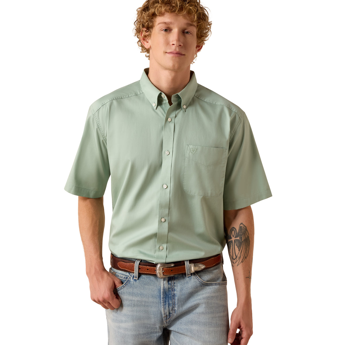 Ariat men's lightweight twill classic fit shirt in silt green, casual button-up design with collar and long sleeves.