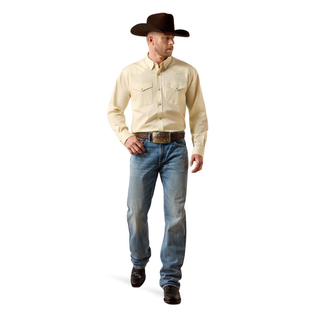 Ariat men's lightweight twill snap shirt in almond oil color, classic fit with button snaps, casual and comfortable for everyday wear.
