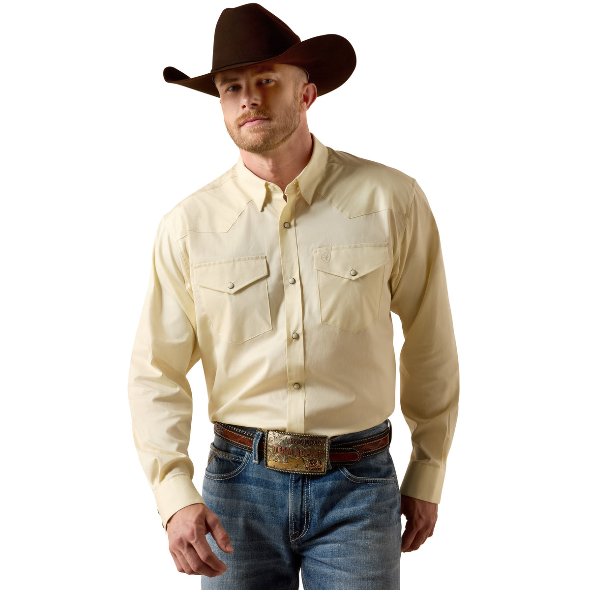 Ariat men's lightweight twill snap shirt in almond oil color, classic fit with buttoned front and collar, casual western style.
