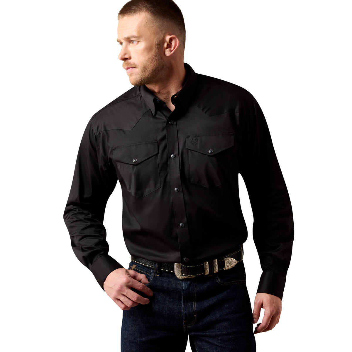 Ariat men's lightweight black twill snap shirt with a classic fit, long sleeves, and button-down front.