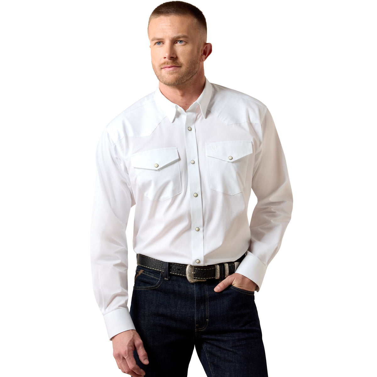 Ariat men's white lightweight twill snap shirt with a classic fit, featuring button-down front and long sleeves.
