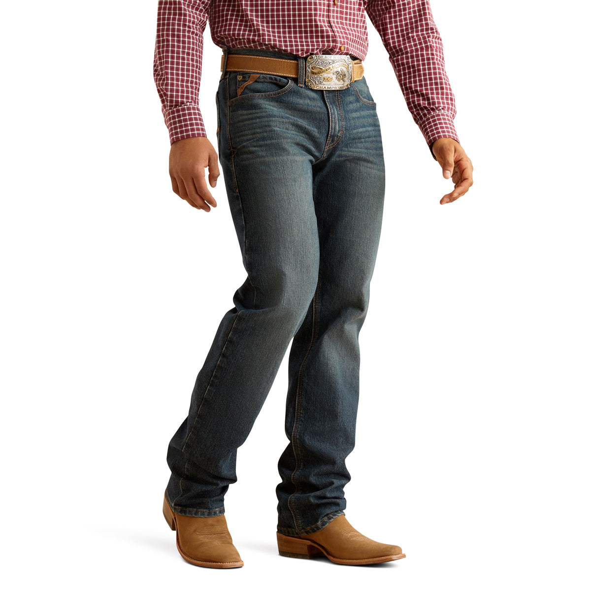 Ariat men's M2 traditional relaxed stretch Ray boot cut jeans in Atlas denim, featuring classic five-pocket style and durable fabric.