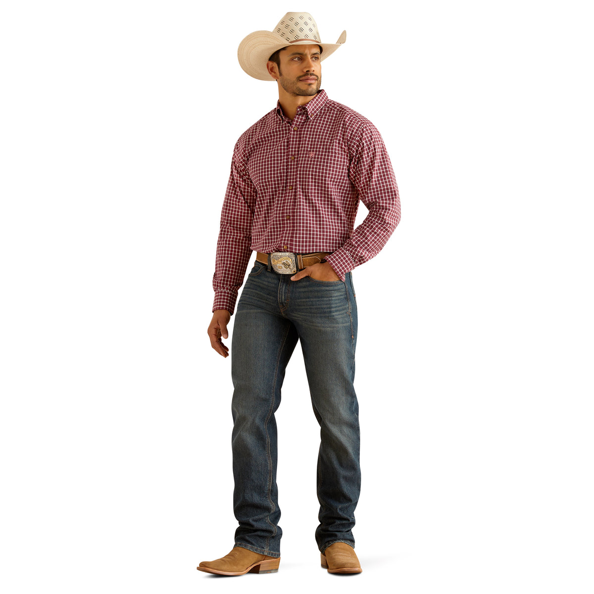 Ariat Men's M2 Traditional Relaxed Stretch Ray Boot Cut Jeans in Atlas, showing the denim fabric and classic boot cut style.