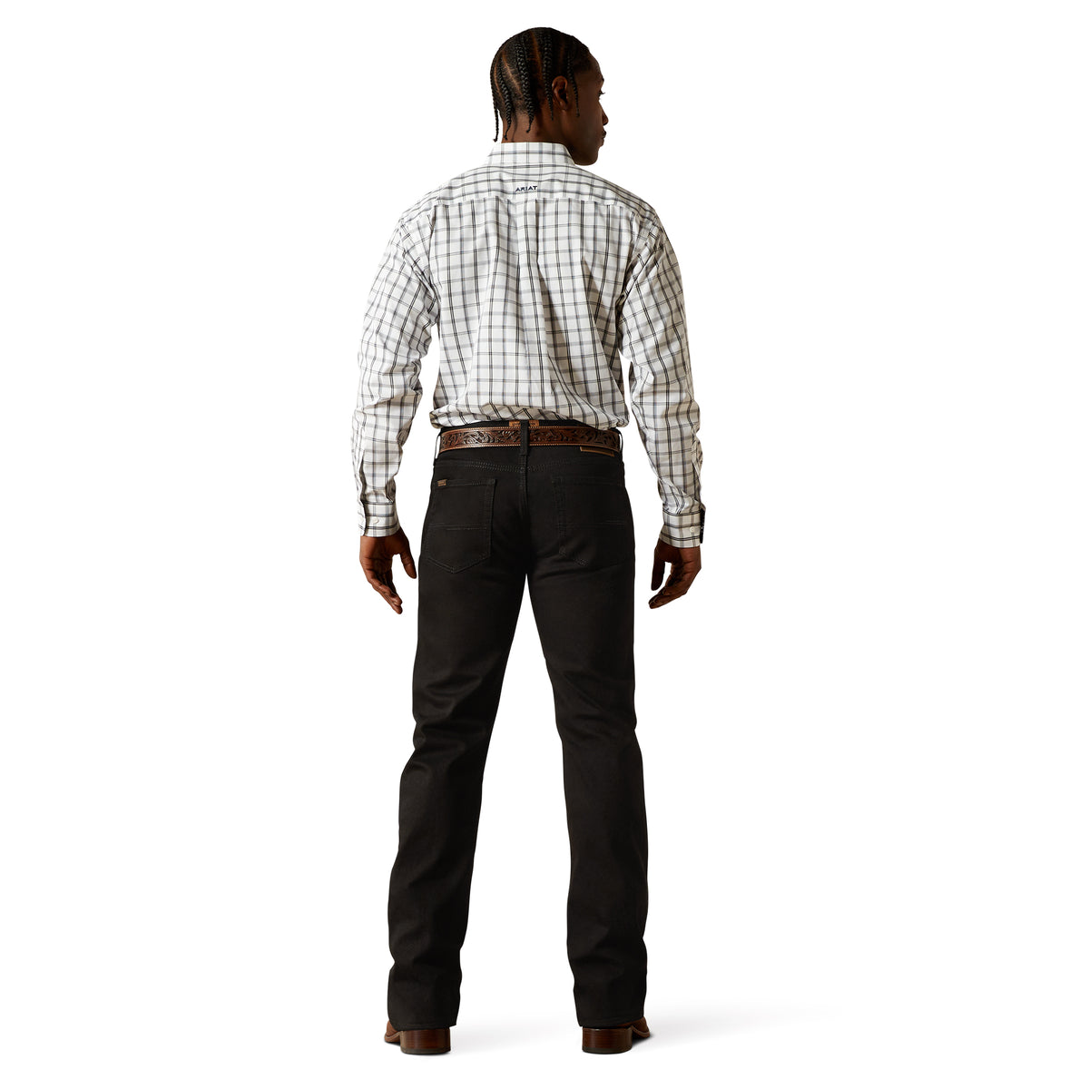 Black Ariat men's M4 Relaxed Hansen boot cut jeans displayed flat with front pockets and belt loops.