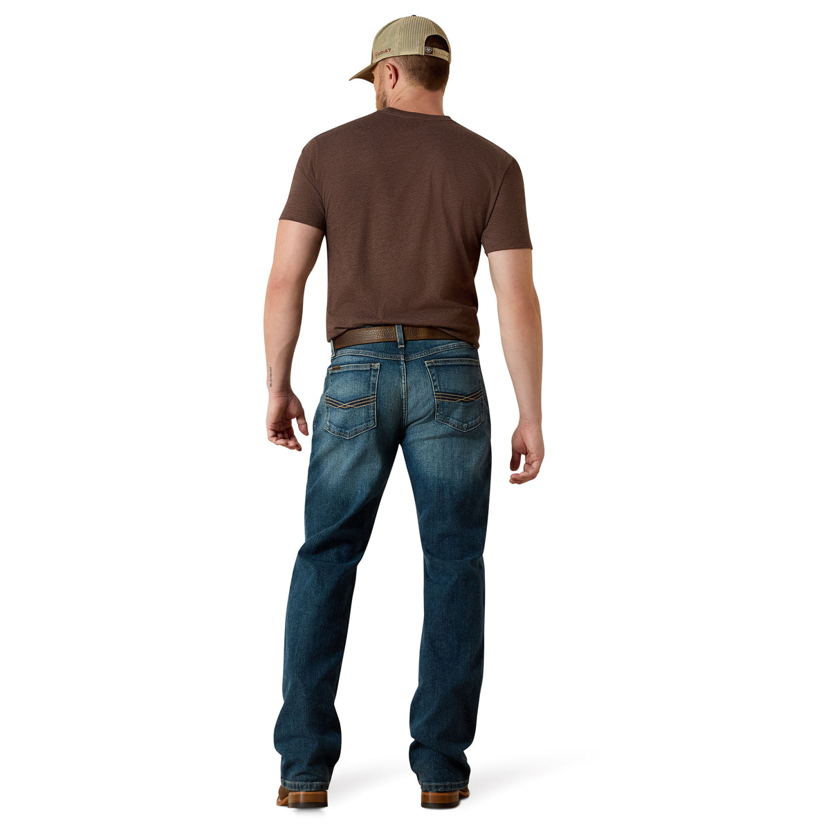 Ariat Men's M4 Stretch Legacy Boot Cut Jean in Kilroy color, showing the fit and classic denim style with front and back pockets.