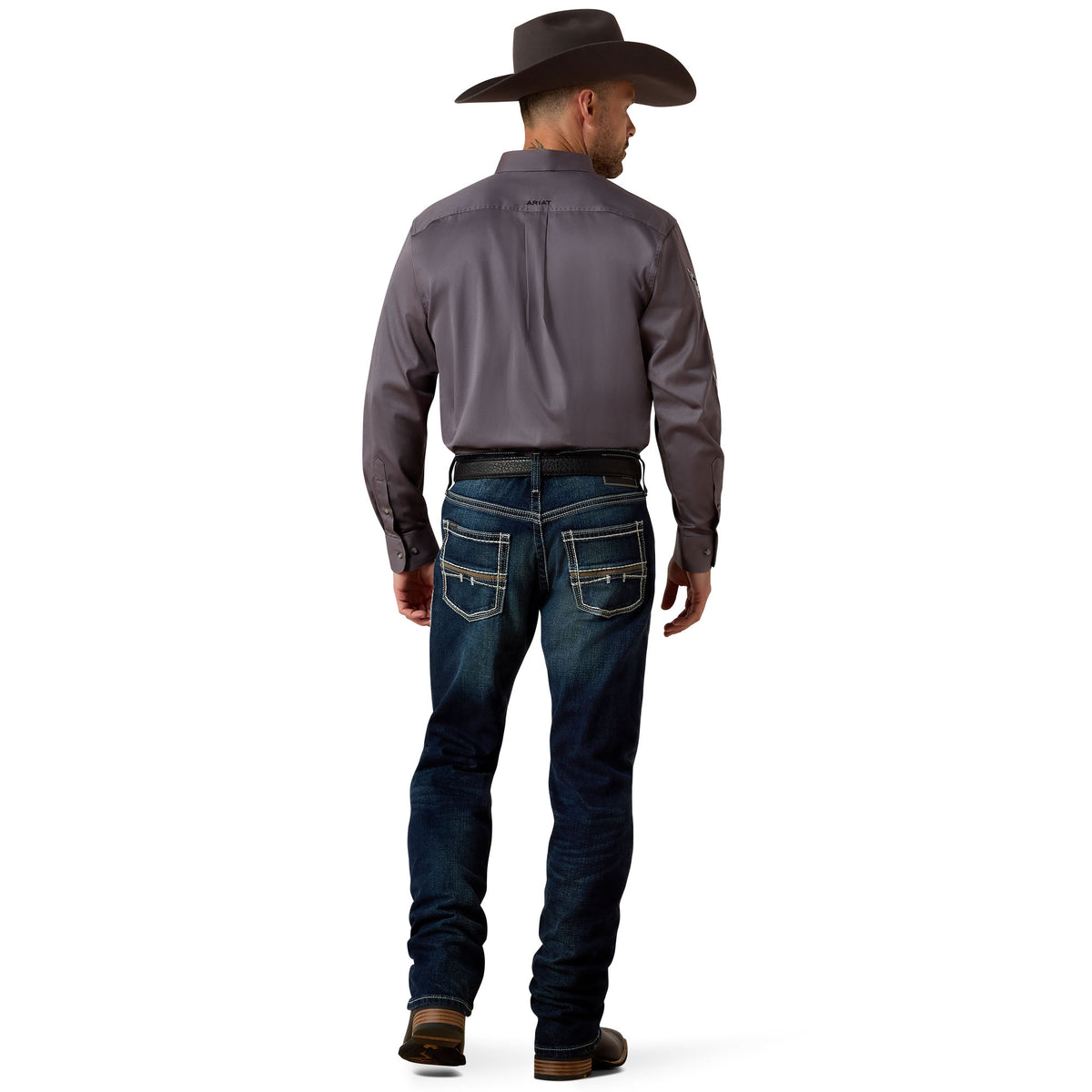 Ariat men's M5 slim stretch Coltrane stackable straight leg jeans in Nightingale color, showing fit and fabric details.