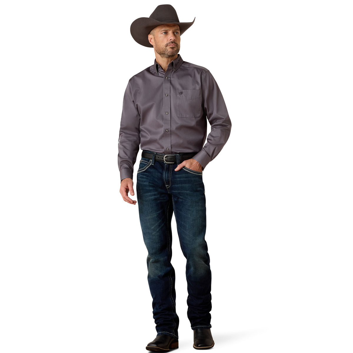 Ariat Men's M5 Slim Stretch Coltrane Stackable Straight Leg Jean in Nightingale, showing dark wash denim with classic straight-leg fit.