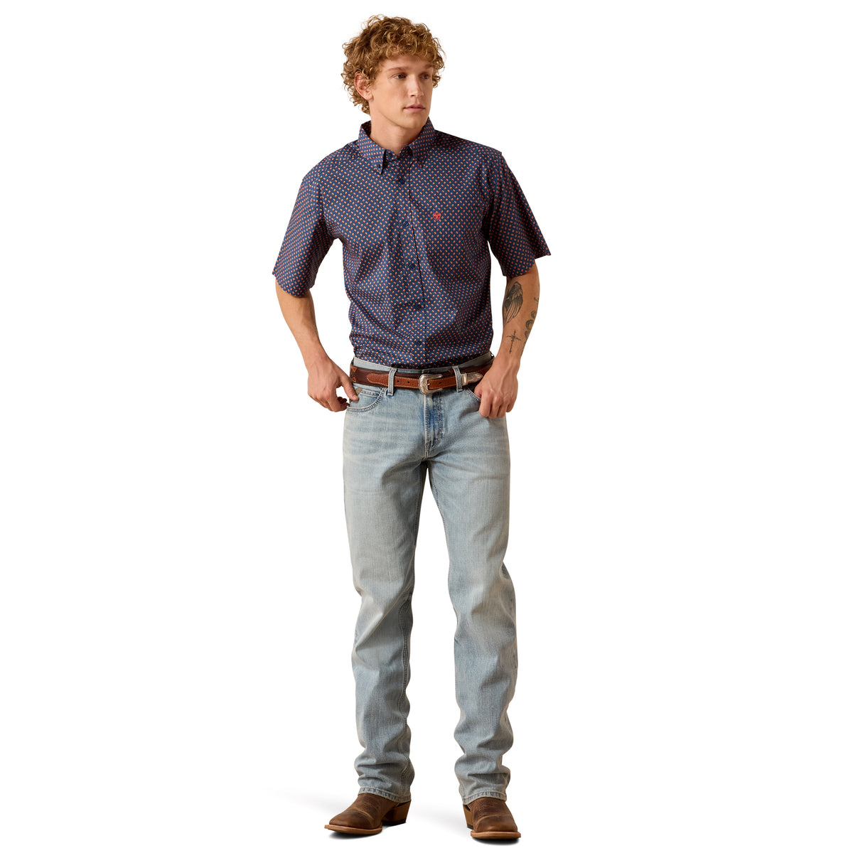 Ariat men's Nikola classic fit shirt in Key Largo Blue with a bold geo print, featuring a collared design and button front.