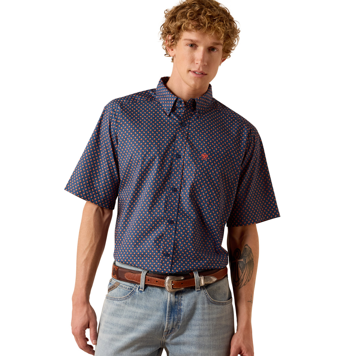 Ariat men's Nikola classic fit shirt in Key Largo Blue with a geometric print, tailored for a stylish and comfortable fit.