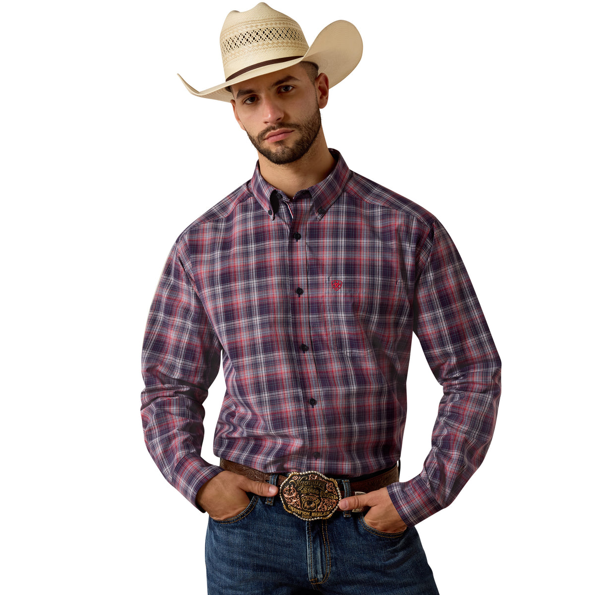 Ariat men's Pro Series Blaze classic fit shirt in evening blue plaid, with button-down front and long sleeves.