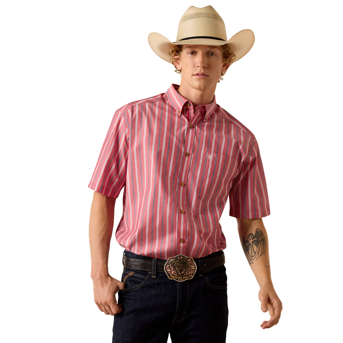 Ariat men's Pro Series Bobby classic fit shirt in hibiscus red stripe, casual button-up shirt with long sleeves and collar.