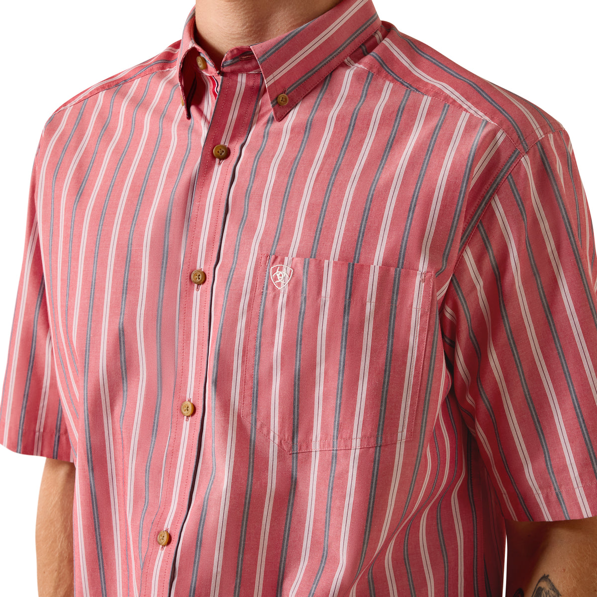 Ariat men's Pro Series Bobby shirt in hibiscus red stripe, classic fit with button-down collar and long sleeves.