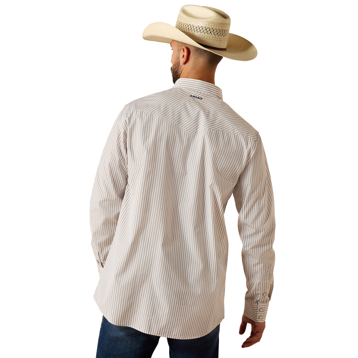 Ariat men's Pro Series Frasier fitted snap shirt with roasted cashew stripe pattern, featuring a button-front design and classic collar.