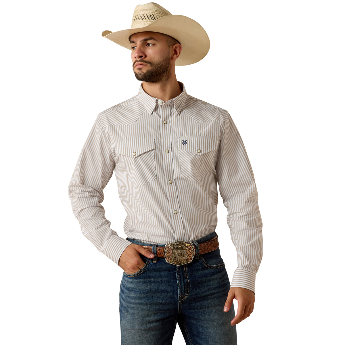 Ariat men's Pro Series Frasier fitted snap shirt in roasted cashew stripe, featuring a tailored design and button snap front.
