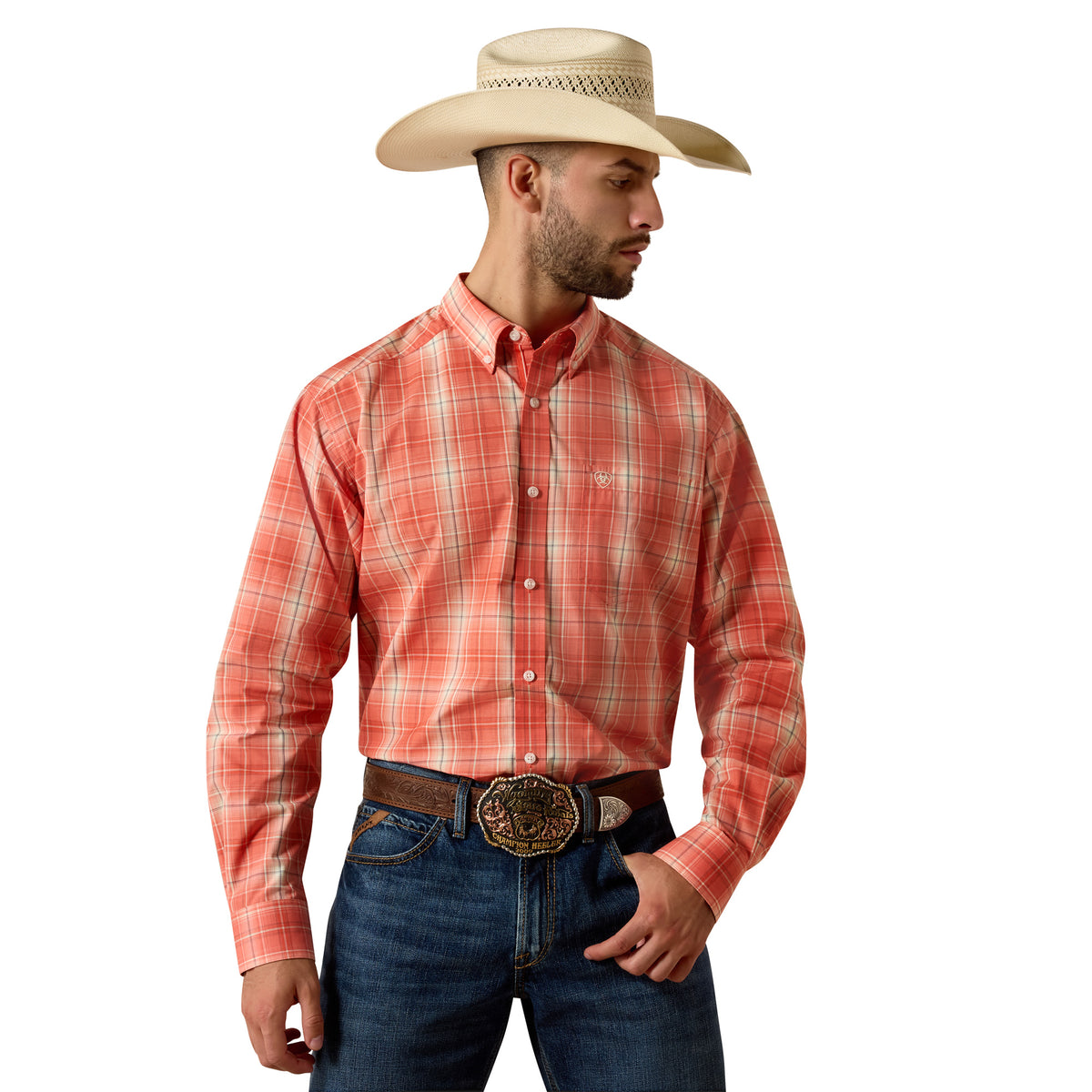 Ariat men's Pro Series Noble classic fit shirt in hot coral plaid, featuring a button-up design and long sleeves.