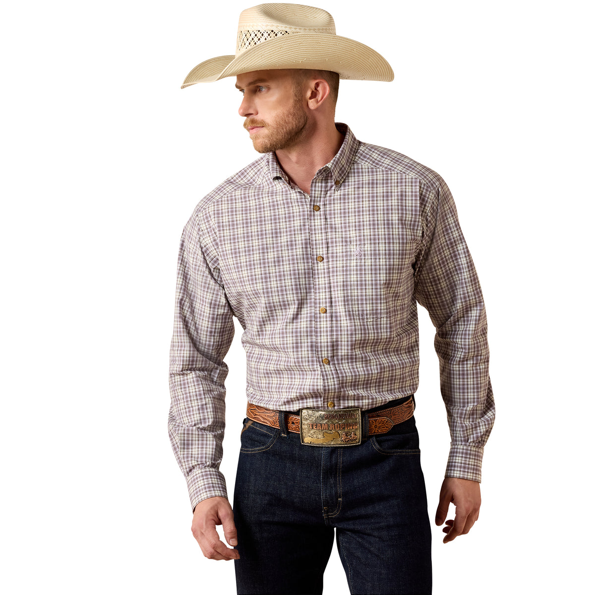 Ariat men's Pro Series Sevyn classic fit shirt in chocolate brown plaid fabric, shown with collar and button details.