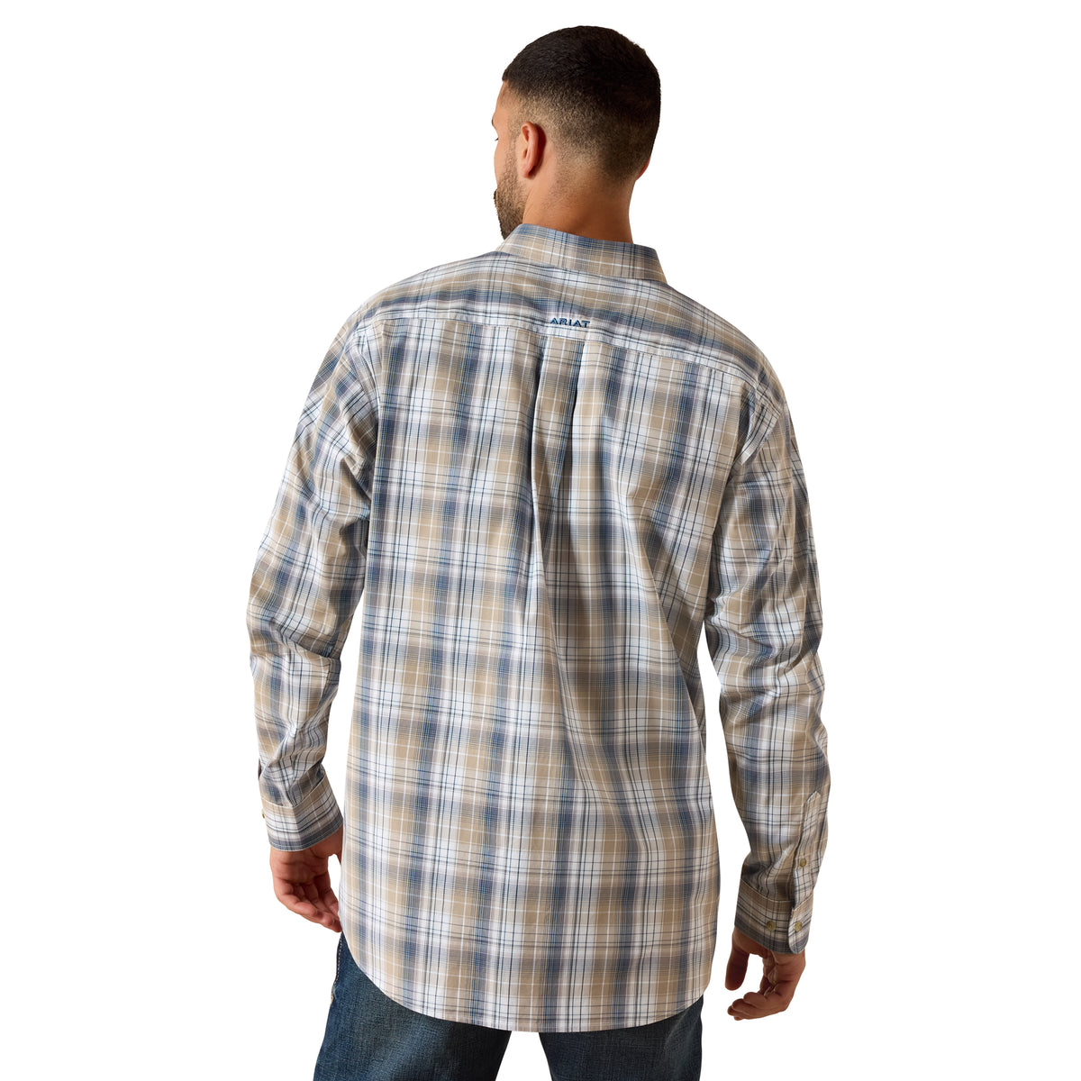Ariat men's Pro Series Team Pierre classic fit shirt in khaki and white, featuring a button-down collar and long sleeves.