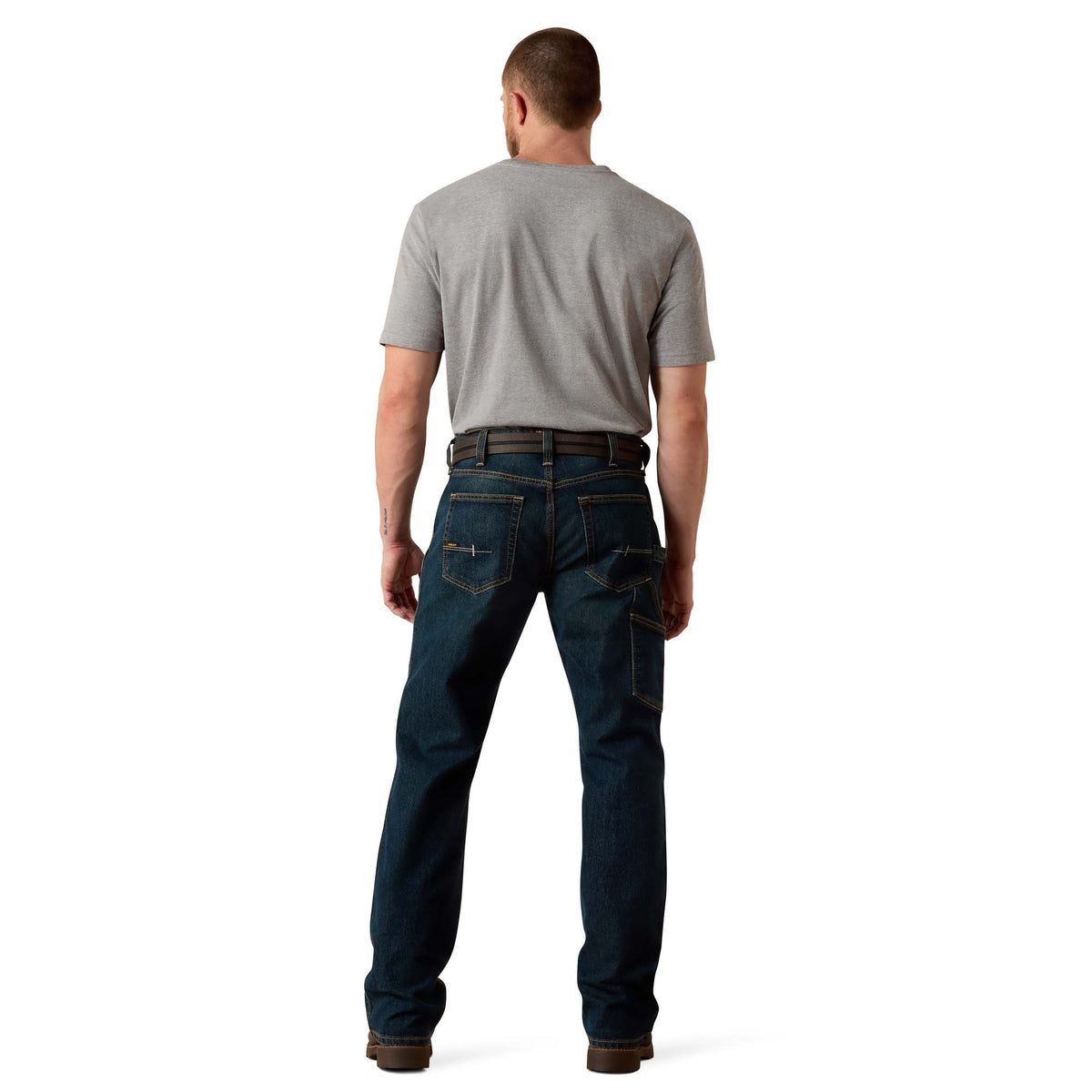 Ariat men's Rebar M4 low-rise DuraStretch workhorse boot cut jeans in Phantom Wash, showcasing a relaxed fit and durable fabric.