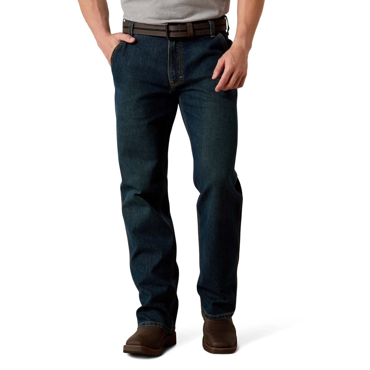 Ariat men's Rebar M4 low-rise DuraStretch workhorse boot cut jeans in Phantom Wash shown on a model.