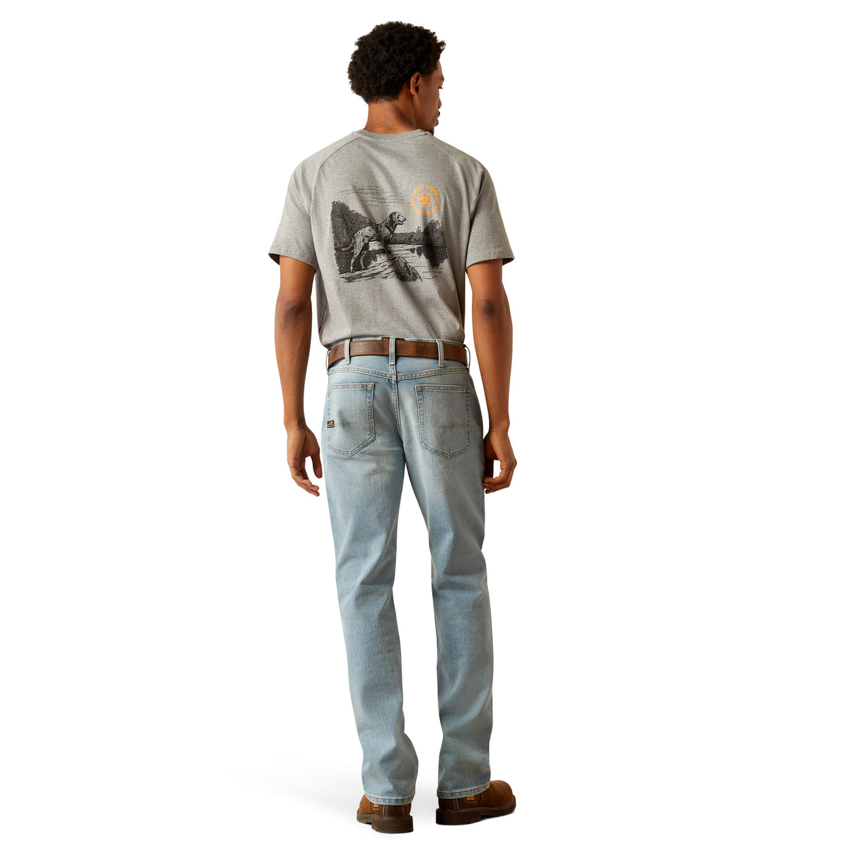 Ariat Men's Rebar M4 Relaxed DuraStretch straight leg jeans in shoreline color, showcasing durable denim and relaxed fit.