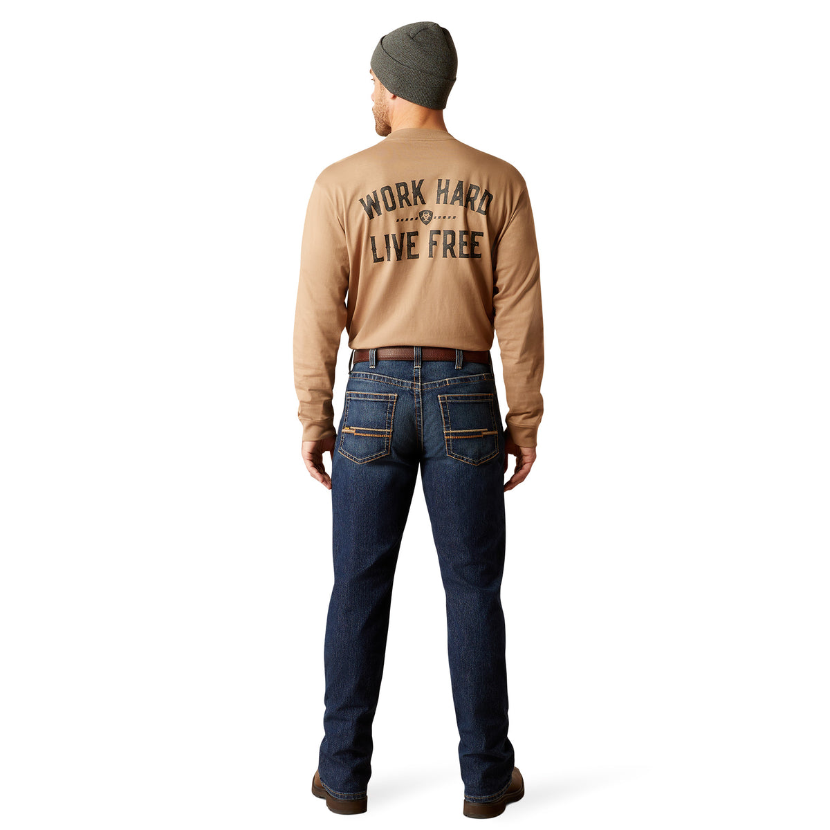 Ariat Men's Rebar M4 Relaxed Rail DuraStretch Boot Cut Jeans in Encinitas style, showing the denim fabric and relaxed fit.