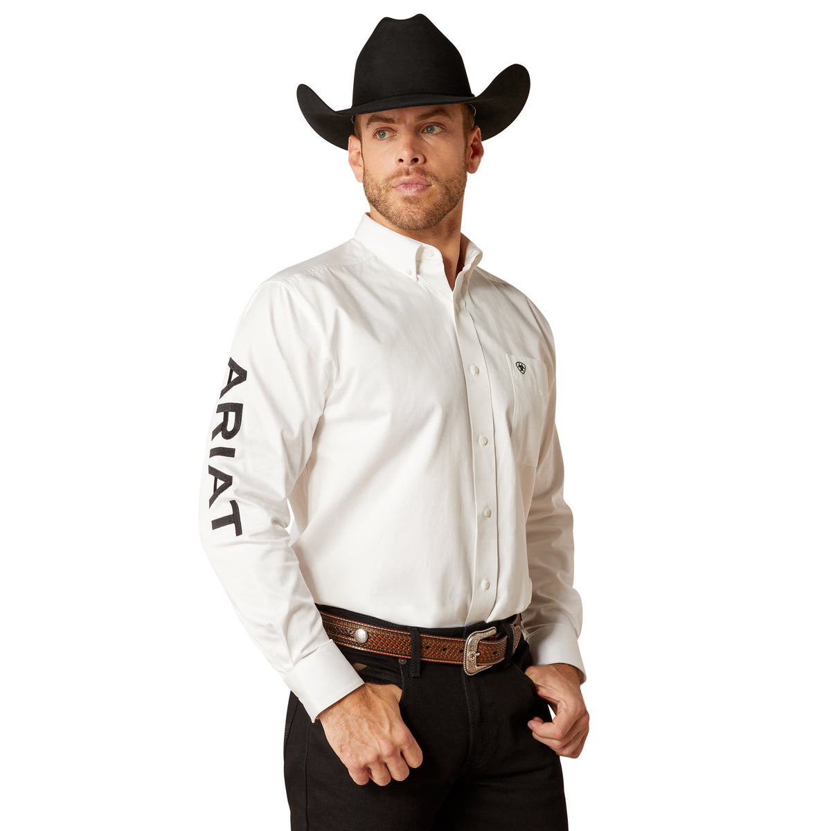 Ariat men's white and black twill classic fit shirt with team logo, featuring button-down front and long sleeves.