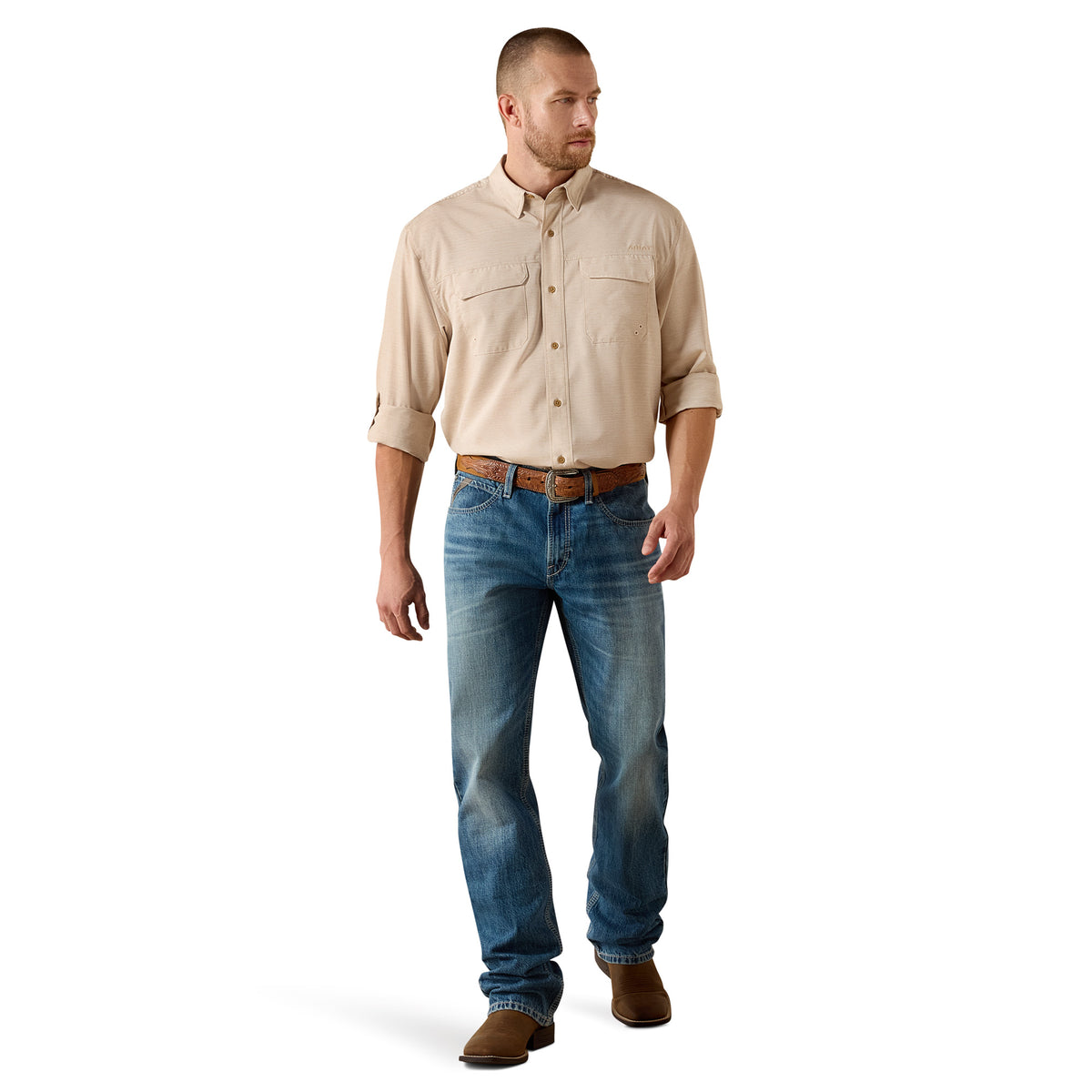 Ariat men's VentTEK Outbound classic fit shirt in tan heather with button-down collar and long sleeves, casual Western style.