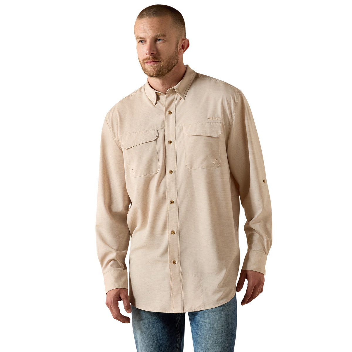 Ariat men's VentTEK Outbound classic fit shirt in tan heather, casual button-up with short sleeves and breathable fabric.