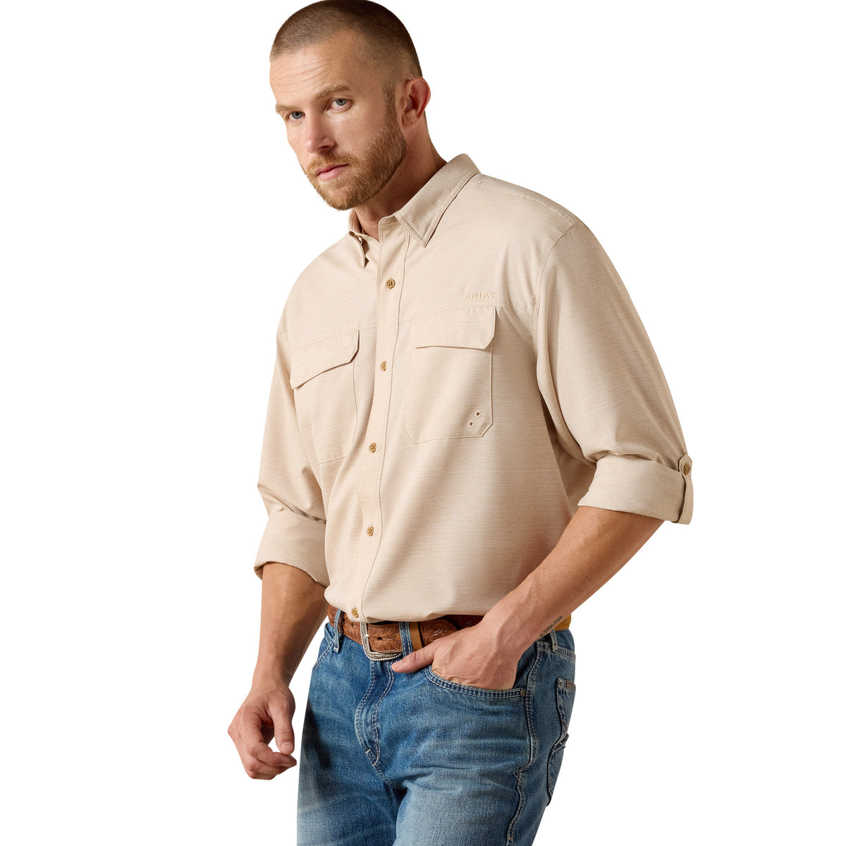 Ariat men's VentTEK Outbound classic fit shirt in tan heather, lightweight and breathable casual shirt for men.