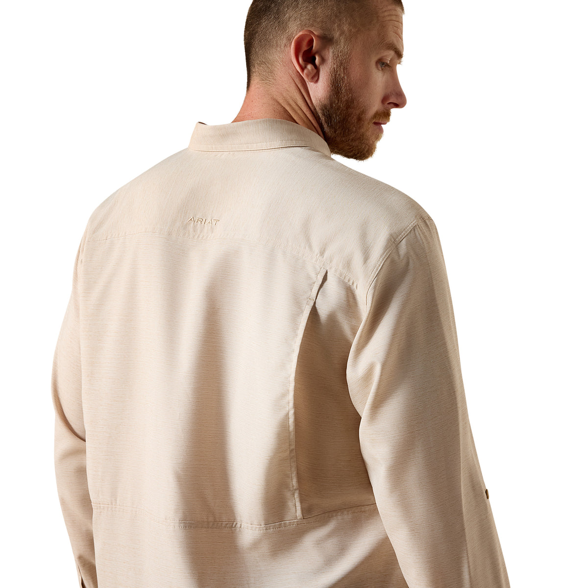 Ariat men's VentTEK Outbound classic fit shirt in tan heather, lightweight and breathable with button front and collar detail.