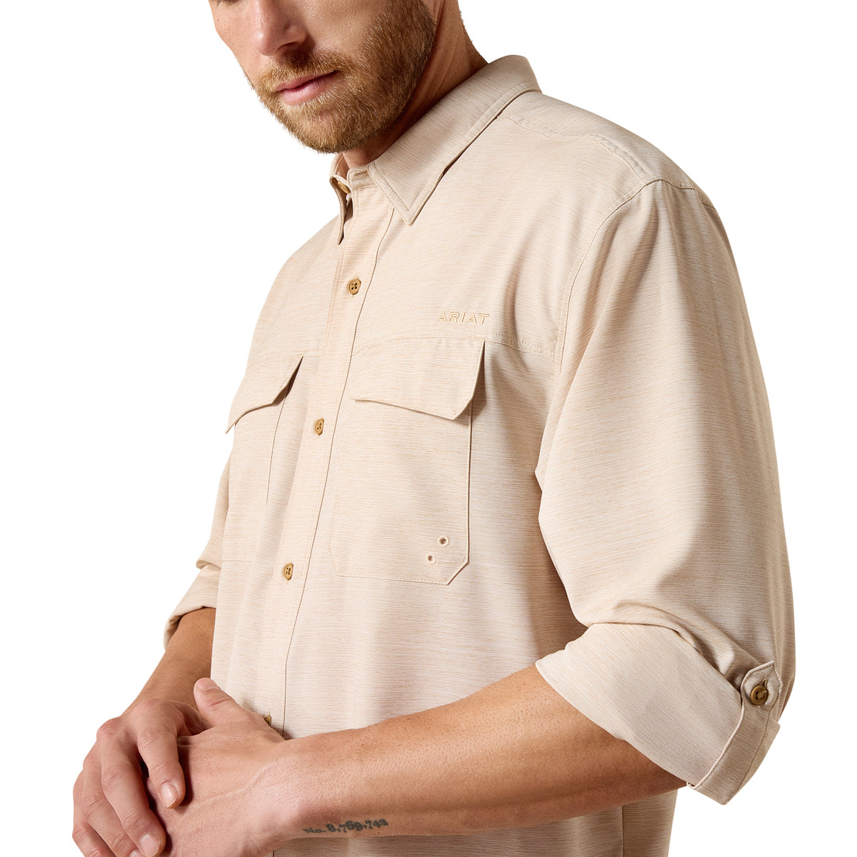 Ariat men's VentTEK Outbound classic fit shirt in tan heather with button-down collar and long sleeves, casual Western style.