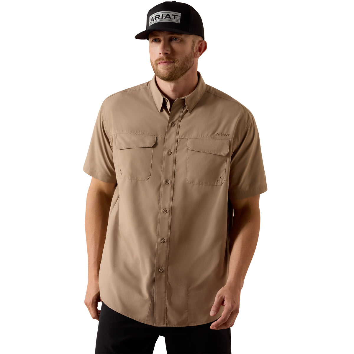 Ariat men's VentTEK Outbound classic fit shirt in taupe grey, lightweight casual shirt with short sleeves and button front.
