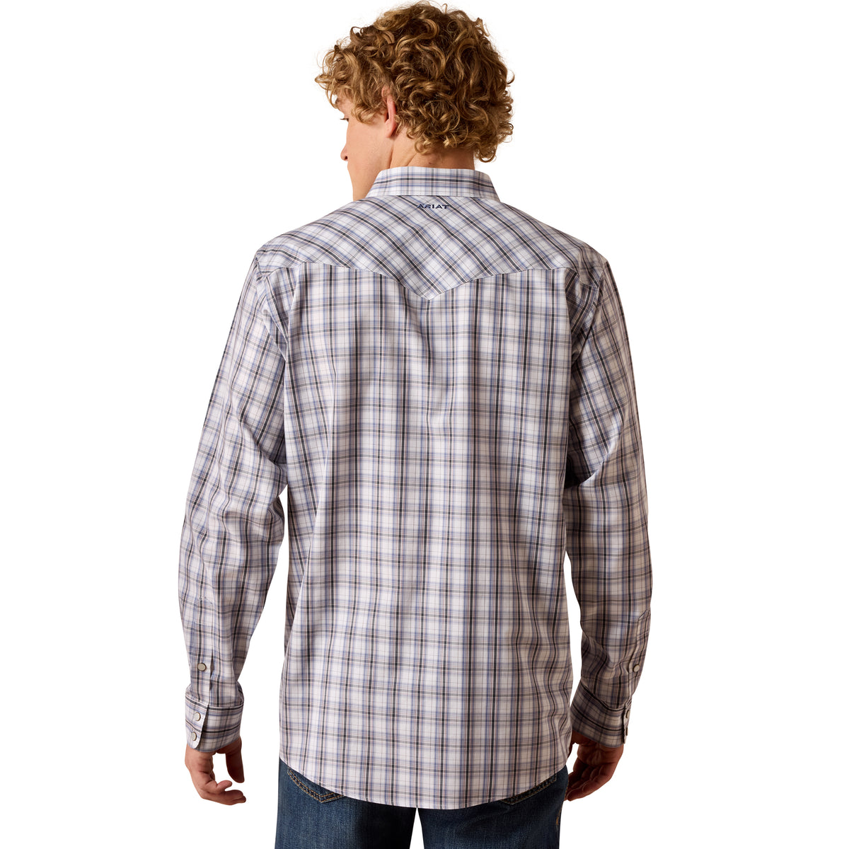 Ariat men's wrinkle-free Dash fitted snap shirt in blue multi plaid, shown laid flat with button details and collar.
