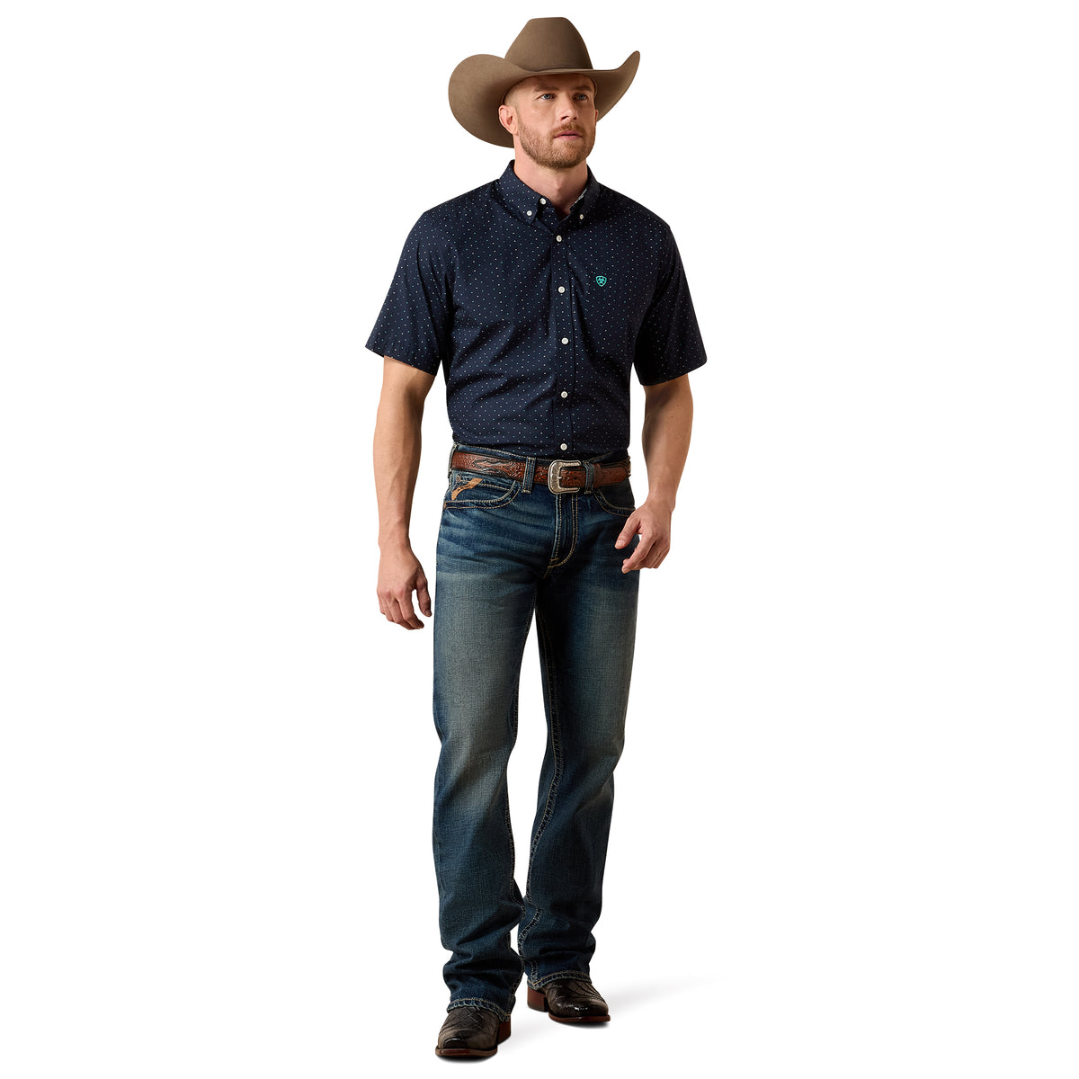 Ariat men's wrinkle-free Willem classic fit shirt in black with a mini leaf print, featuring a tailored design and button-up style.