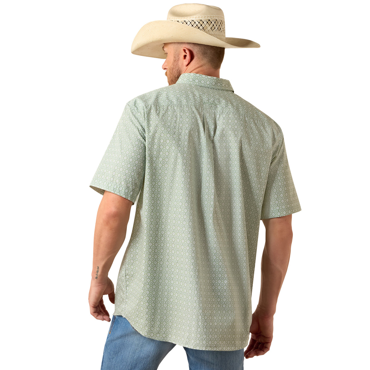 Ariat men's wrinkle-free Worthington classic fit shirt in Laurel Green with a Southwest print, casual Western style.