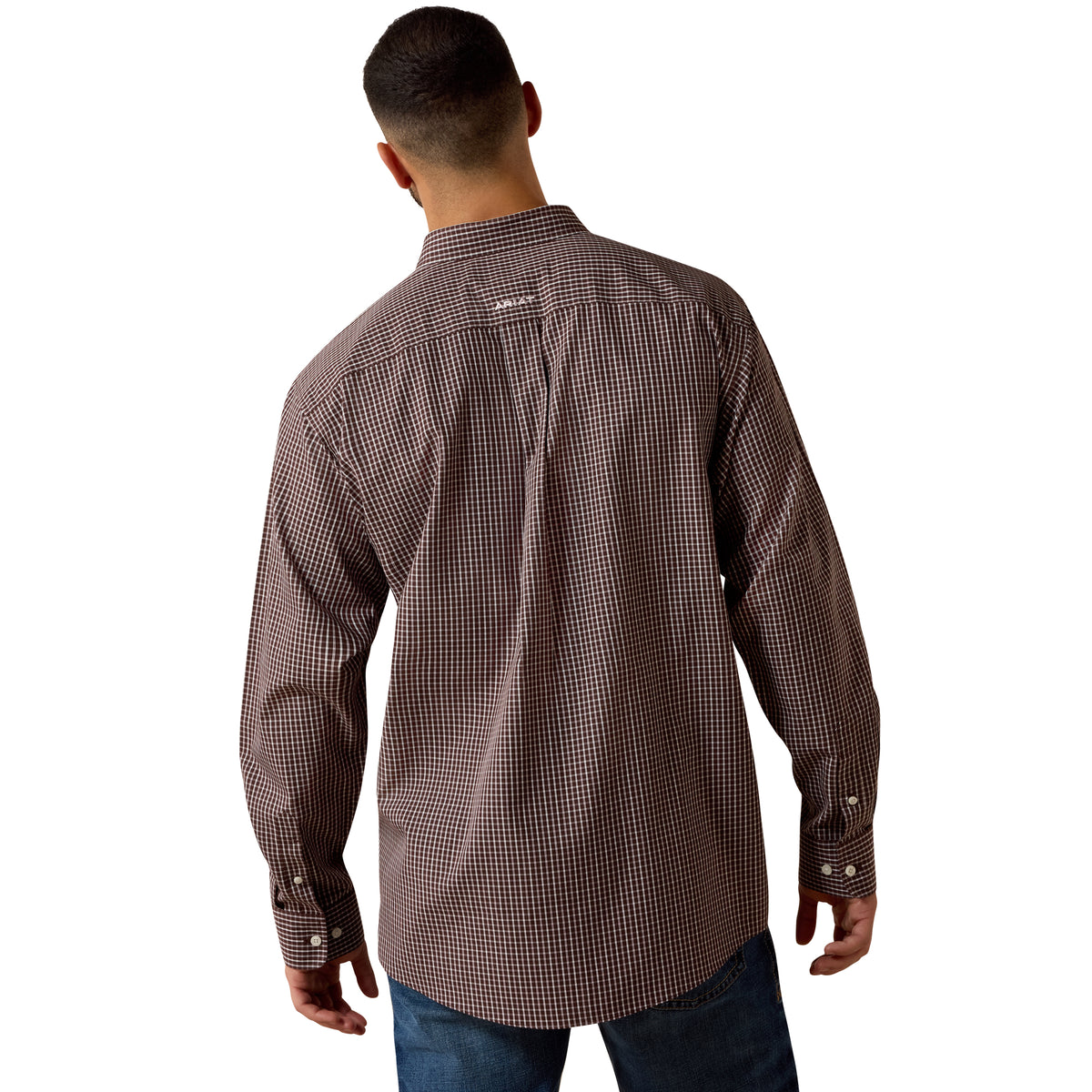 Ariat men's wrinkle-free Wylder classic fit shirt in Java micro plaid fabric, casual button-up shirt for everyday wear.