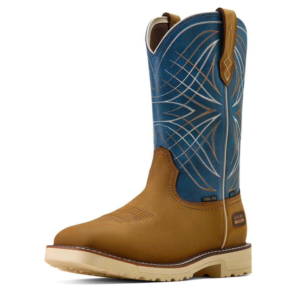 Ariat Men's Activator Waterproof Steel Toe Work Boot, Dusted Brown|Basin Blue – 3-4 front