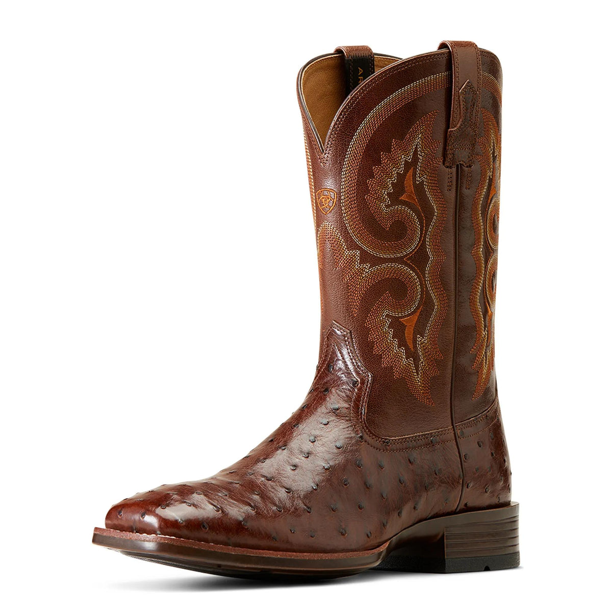 Ariat Men's Barley Ultra Wide Square Toe Cowboy Boot, Dark Tobacco Full Quill Ostrich – 3-4 front