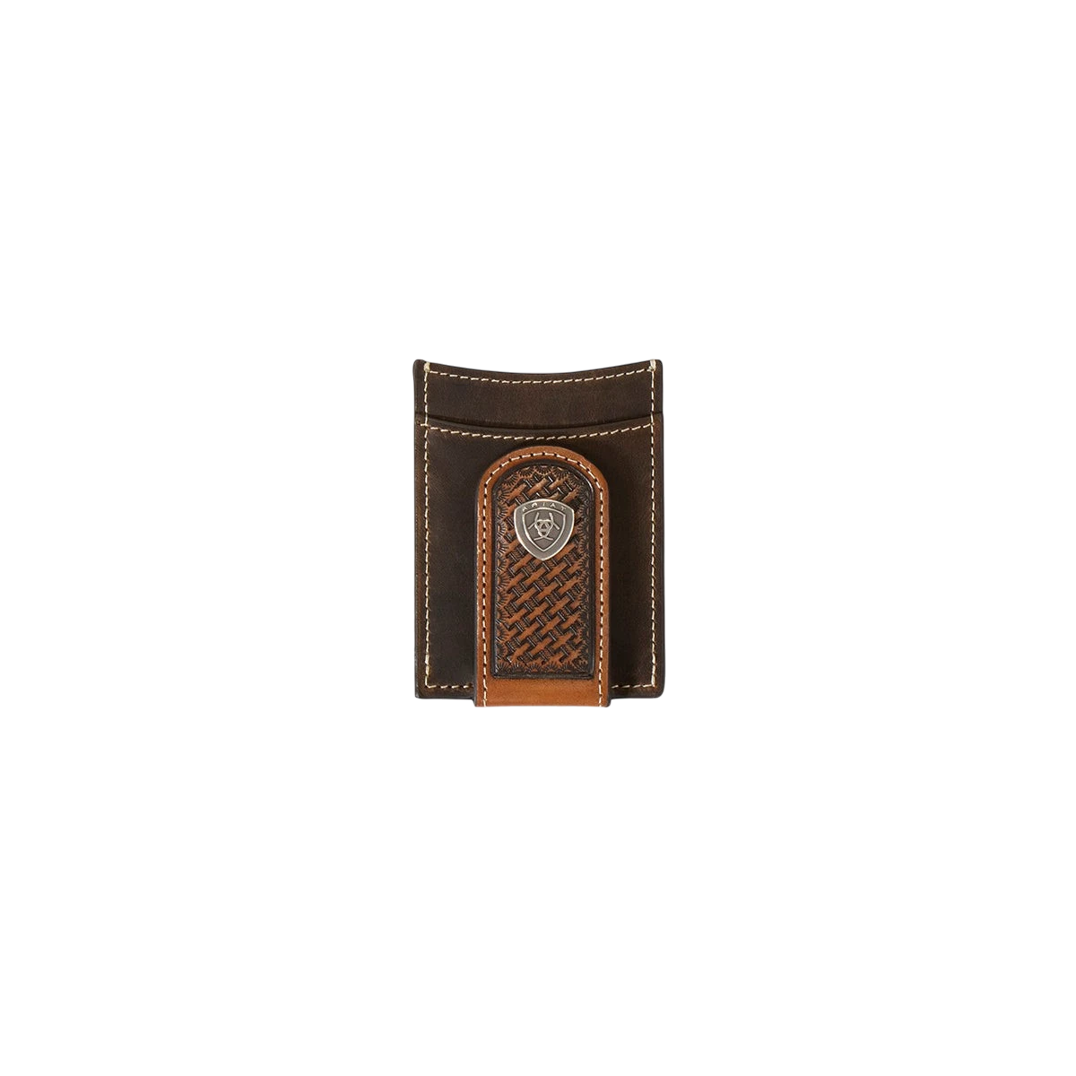 Brown Ariat men's basket weave magnetic money clip wallet with multiple card slots and sleek design.