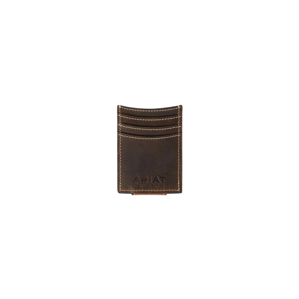 Ariat men's brown basket weave magnetic money clip wallet with multiple card slots and sleek design.