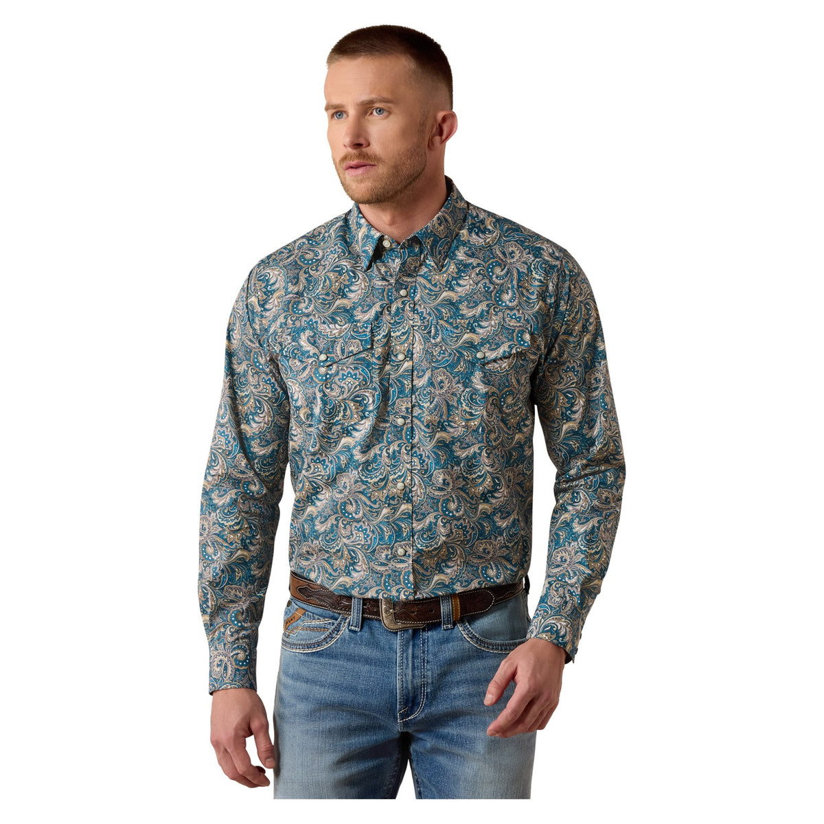 Ariat Men's Cedric Classic Fit Snap Shirt, Blue Multi Paisley Print – front