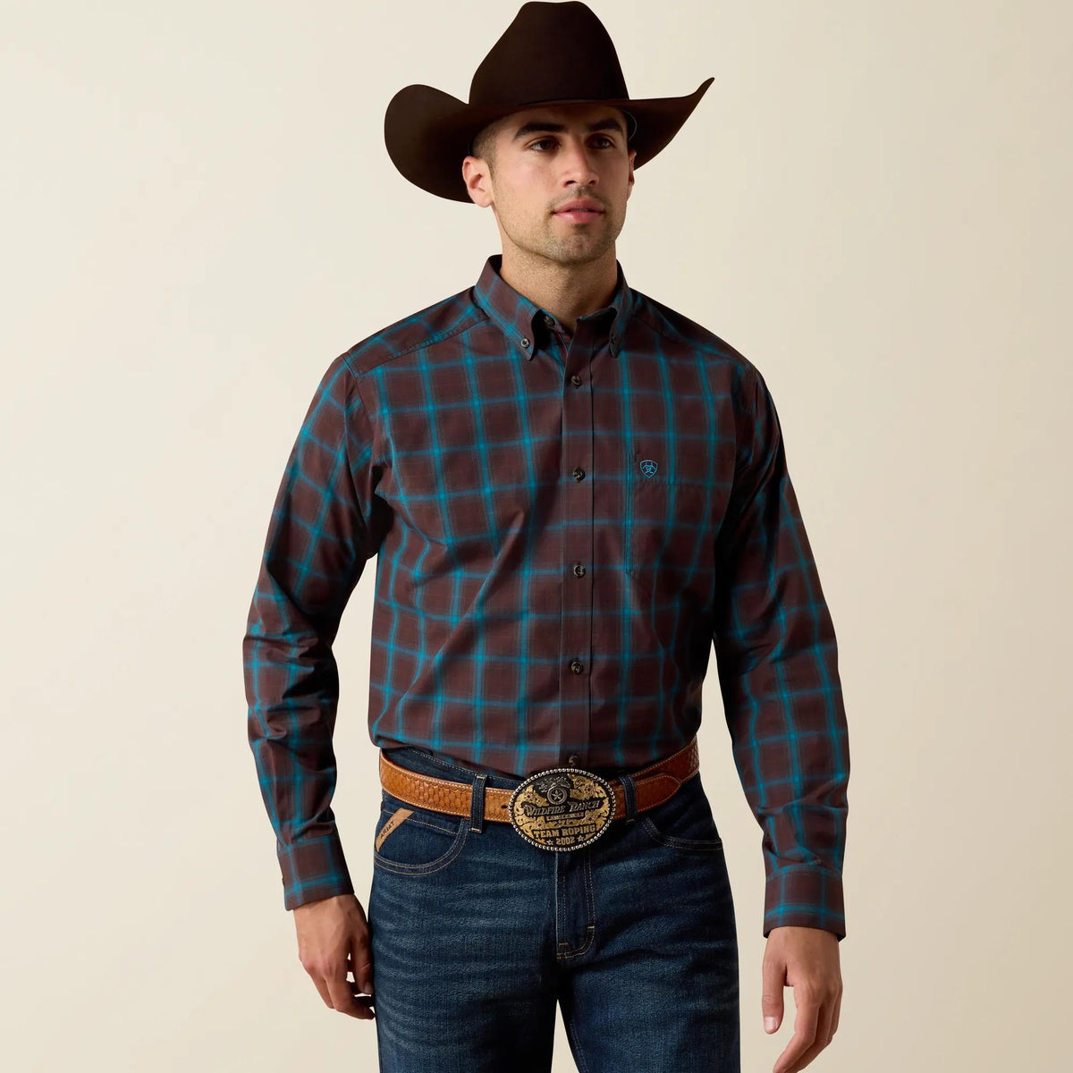 Ariat Men's Pro Series Duff Classic Fit Shirt, Chocolate Plum Medium Plaid – front