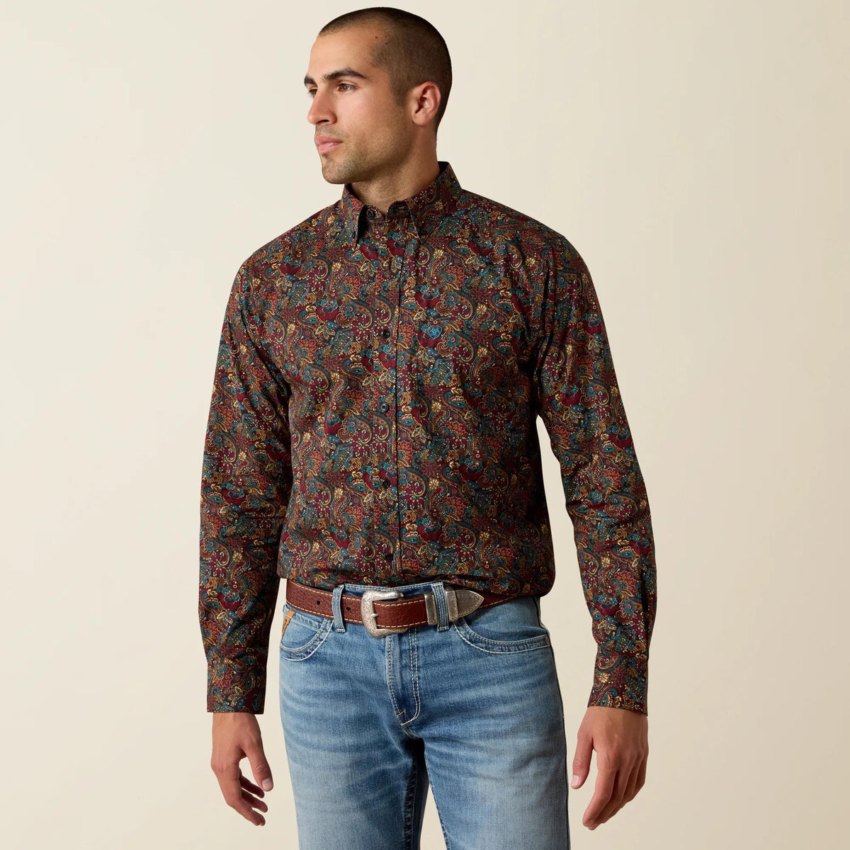 Ariat Men's Pablo Fitted Shirt, Chocolate Plum Multi Paisley Print – front