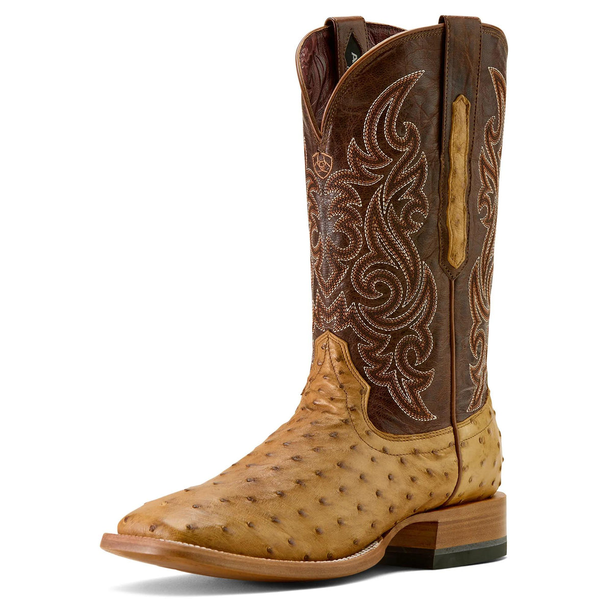 Ariat Men's Classic Cash Wide Square Toe Western Boot, Tan Full Quill Ostrich|Hickory Smoke – 3-4 front