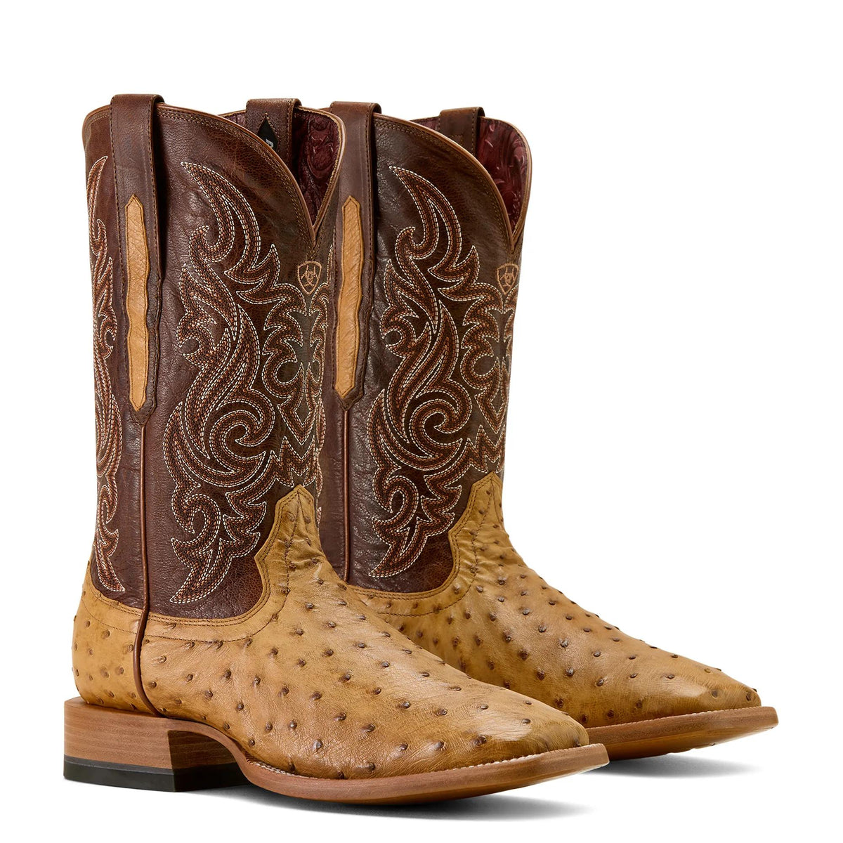Ariat Men's Classic Cash Wide Square Toe Western Boot, Tan Full Quill Ostrich|Hickory Smoke – pair