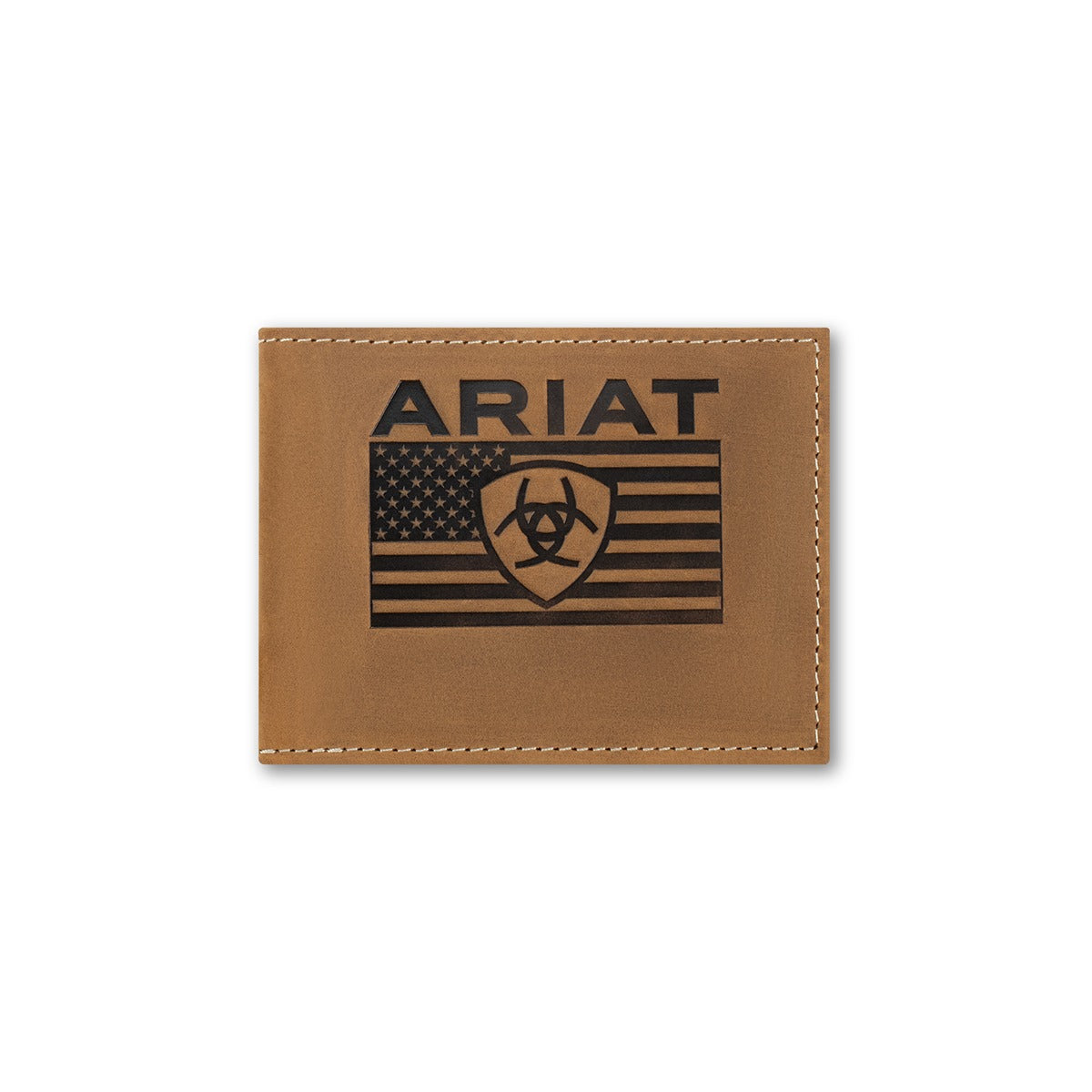 Ariat Men's Embossed Flag Bifold Wallet, Medium Brown – front