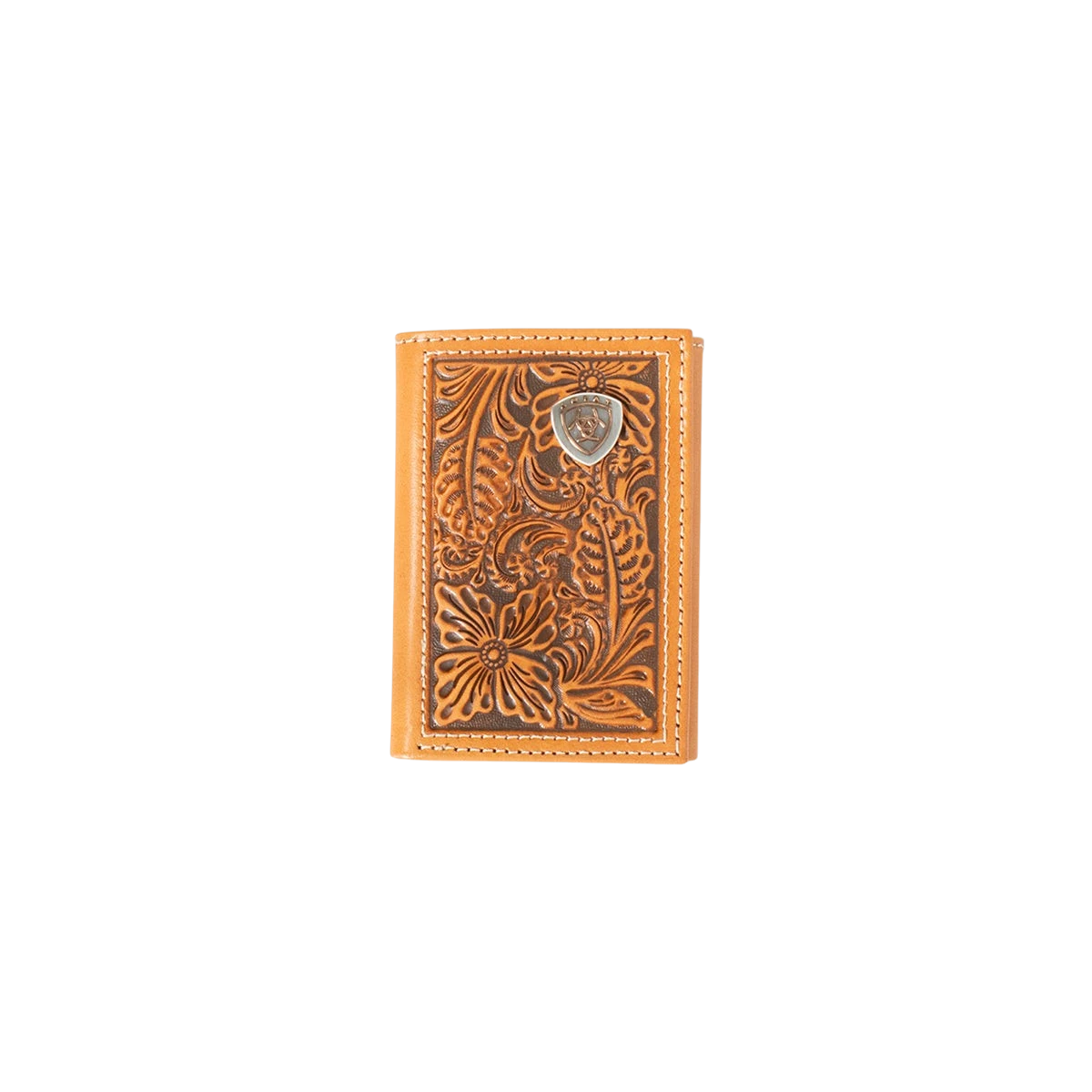 Ariat men's floral embossed trifold wallet with detailed floral design, made of leather, featuring multiple card slots and a bill compartment.